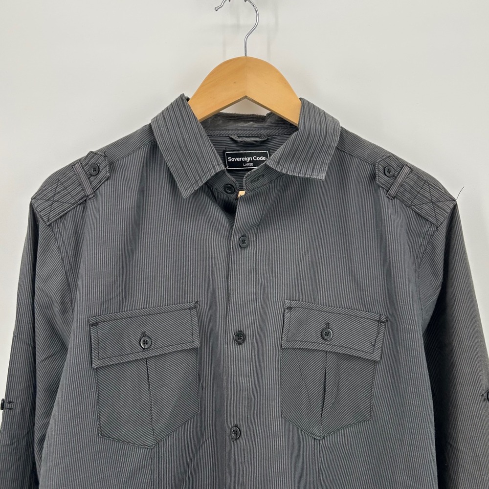 Sovereign Code Mens Large Grey Pinstripe Button Up Shirt Y2K Epaulets Utility L